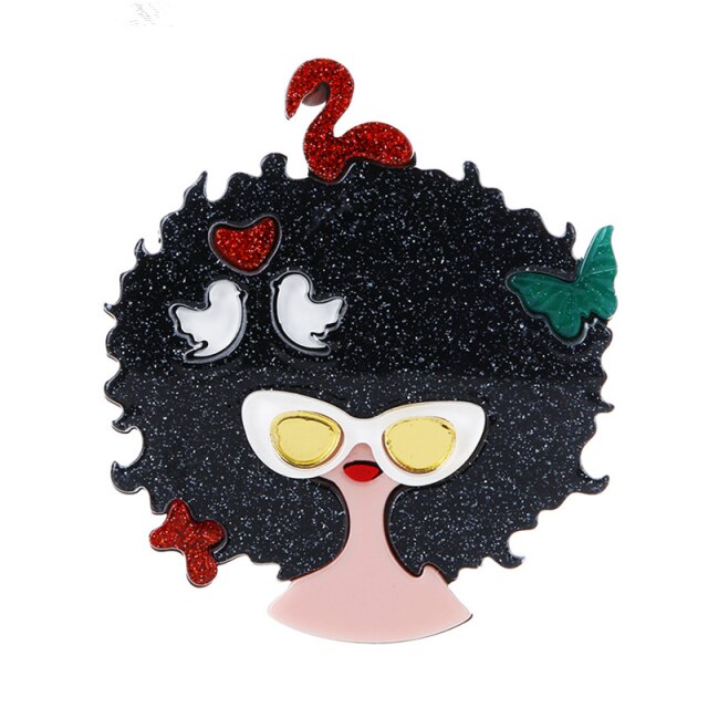 Accessories - Brooch : Wild Hair look Lovely Acrylic Lady With Birds Butterfly Brooch / Badges